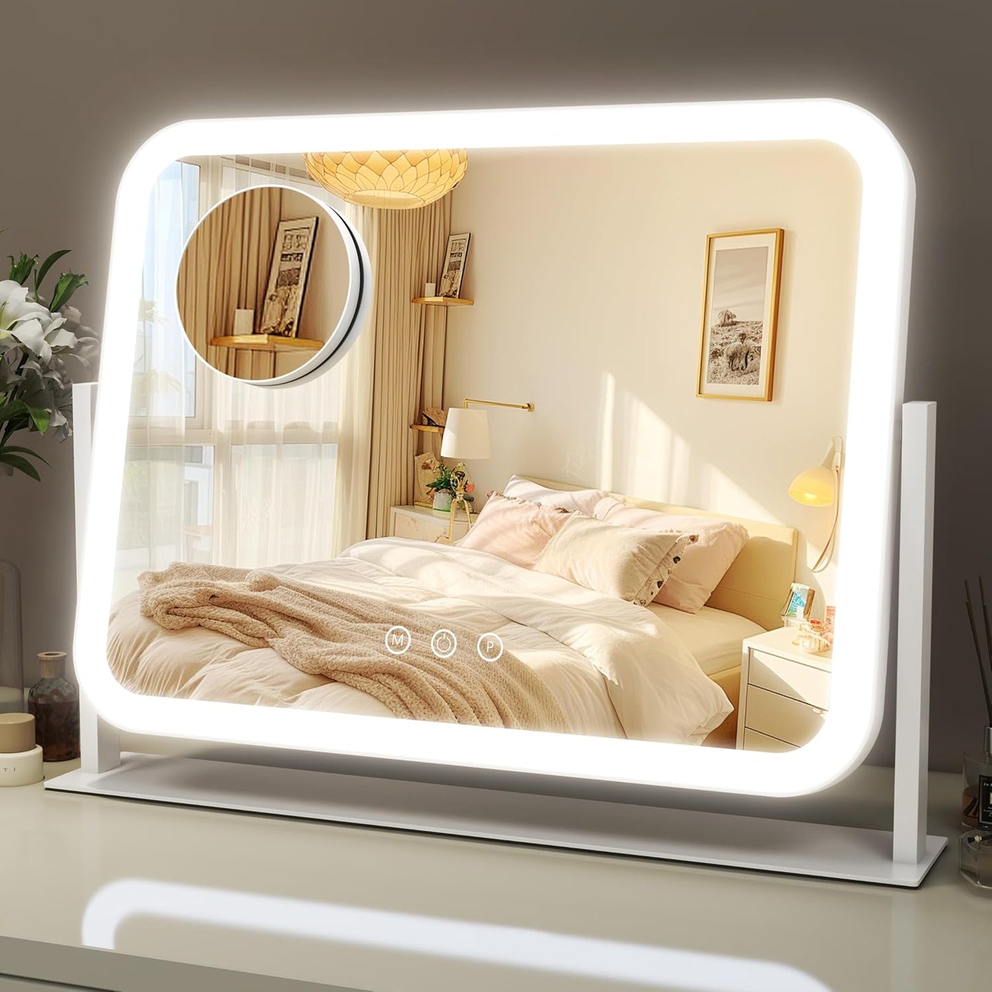 Lighted Makeup Mirror, 17"x13" Vanity Mirror with Lights and 10X Magnification, 3 Color Lighting Modes, Smart Touch Control, 360° Rotation for Bedroom or Tabletop (White)