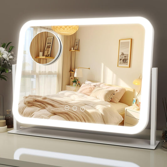 Lighted Makeup Mirror, 17"x13" Vanity Mirror with Lights and 10X Magnification, 3 Color Lighting Modes, Smart Touch Control, 360° Rotation for Bedroom or Tabletop (White)