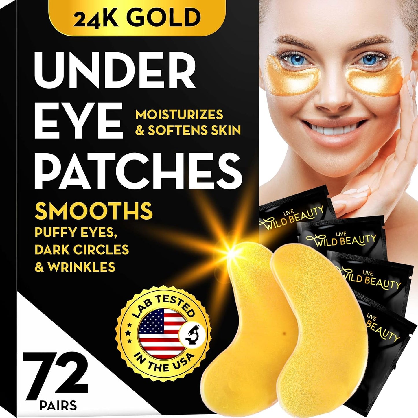 PatchRx 24K Gold Under Eye Patches for Puffy Eyes and Dark Circles with Pure Collagen, Eye Gel Pad Masks for Reducing Eye Bags, Puffy Dark Circles, Wrinkles, and Fine Lines- 72 Pairs