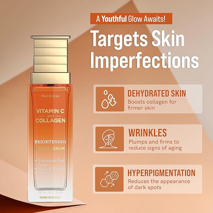 Fleur De Peau Vitamin C Serum For Face With Collagen – Dermatologist Tested, Anti-Aging, Even Skin Tone, Reduces Fine Lines, Improves Radiance & Texture – 95% Natural, Clean Beauty – Korean Skin Care