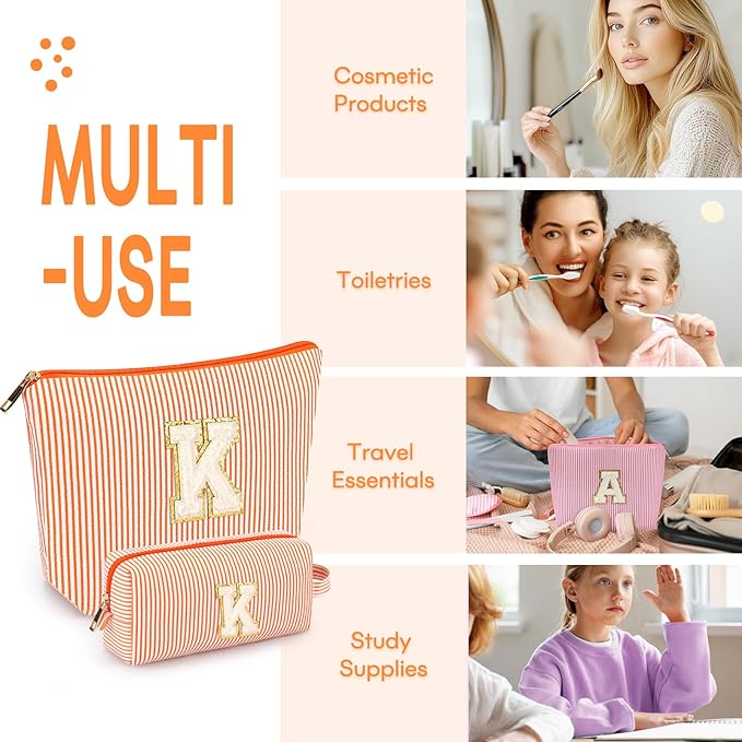 2 PCS Initial Makeup Bags for Women: Cosmetic Bag for Travel Toiletry - Birthday Gifts for 11 12 13 14 15 16 17 18 Years Old Girl Graduation Teacher Gift- Teen Girl Gifts Trendy Stuff - Orange K