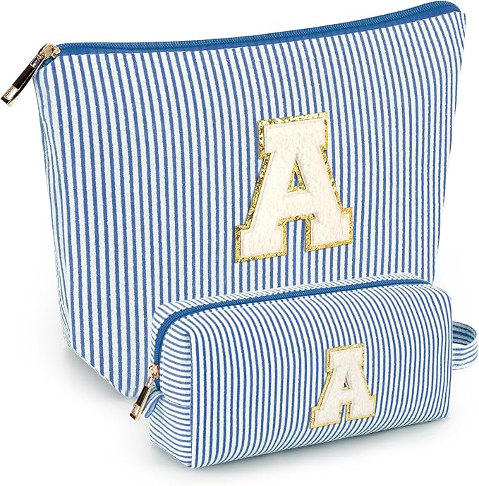 2 PCS Initial Makeup Bags for Women: Cosmetic Bag for Travel Toiletry - Birthday Gifts for 11 12 13 14 15 16 17 18 Years Old Girl Graduation Teacher Gift- Teen Girl Gifts Trendy Stuff - Blue A