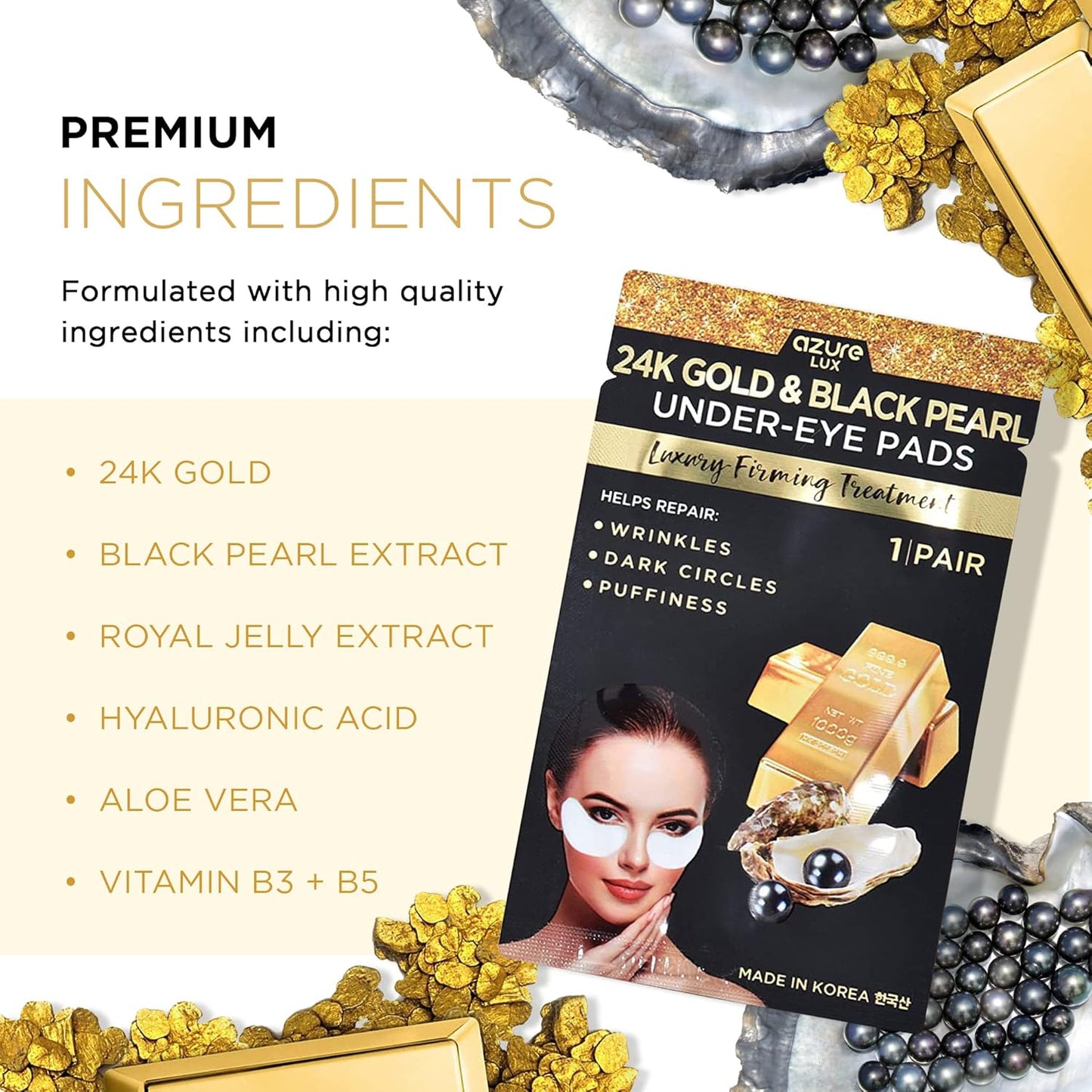 AZURE 24K Gold & Black Pearl Luxury Firming Under Eye Pads - Moisturizing & Restoring Eye Mask Patches - Reduces Fine Lines, Wrinkles, Dark Circles & Puffiness - Skin Care Made in Korea - 5 Pairs