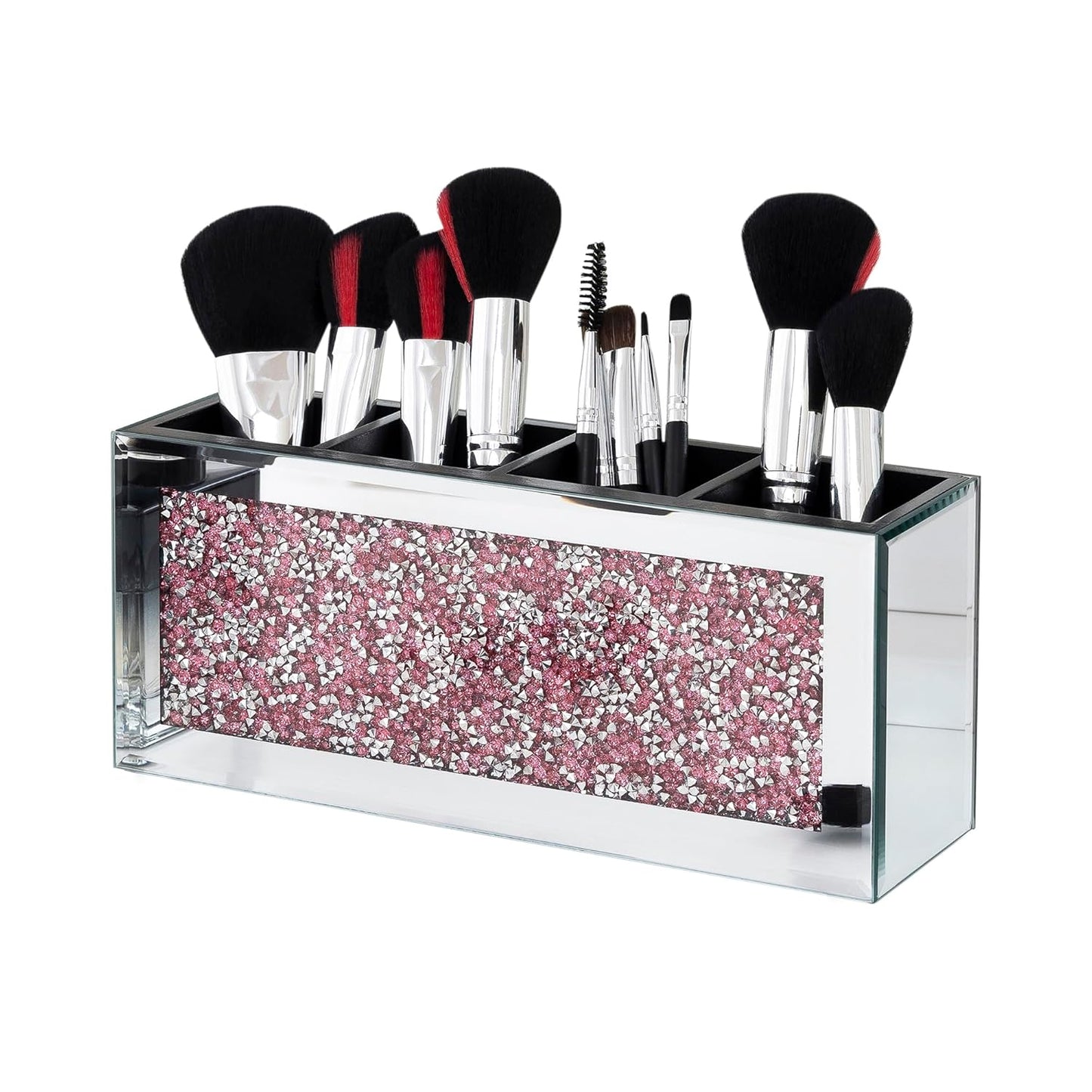 SHYFOY Mirrored Makeup Brush Holder, 4-Compartment Makeup Organizer with Pink Crushed Diamond, Vanity Cosmetics Organizer Solution, Pencil Holder Organizer for Desk