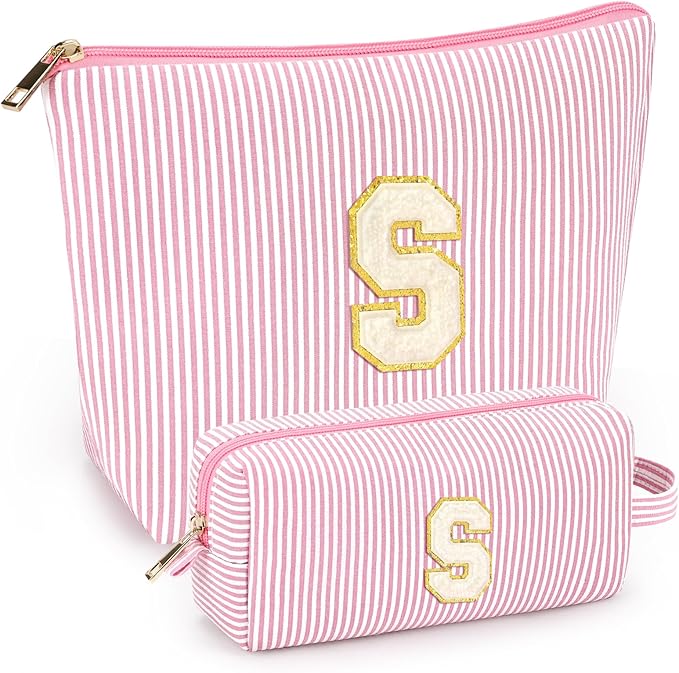 2 PCS Initial Makeup Bags for Women: Cosmetic Bag for Travel Toiletry - Birthday Gifts for 11 12 13 14 15 16 17 18 Years Old Girl Graduation Teacher Gift- Teen Girl Gifts Trendy Stuff - Light Pink S