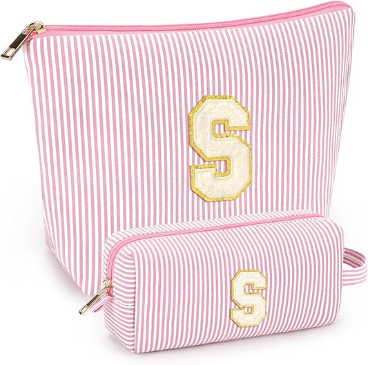 2 PCS Initial Makeup Bags for Women: Cosmetic Bag for Travel Toiletry - Birthday Gifts for 11 12 13 14 15 16 17 18 Years Old Girl Graduation Teacher Gift- Teen Girl Gifts Trendy Stuff - Light Pink S