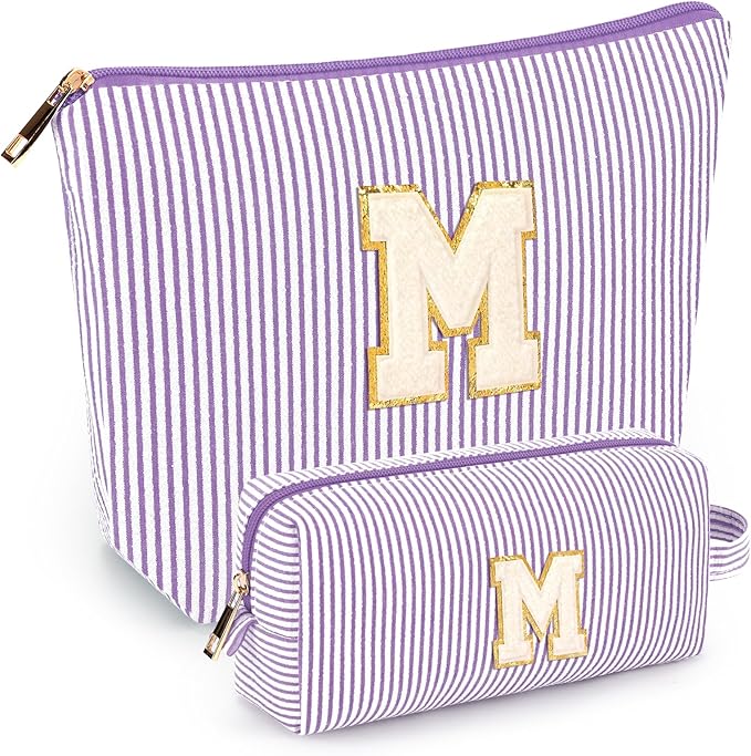 mibasies 2 PCS Initial Makeup Bags: Mothers Day Gifts for Women - Best Friend Birthday Gifts Graduation Gifts Wedding Bridesmaid Girlfriend Wife Daughter Sister Girl Gifts - Purple M