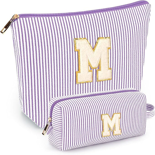 mibasies 2 PCS Initial Makeup Bags: Mothers Day Gifts for Women - Best Friend Birthday Gifts Graduation Gifts Wedding Bridesmaid Girlfriend Wife Daughter Sister Girl Gifts - Purple M