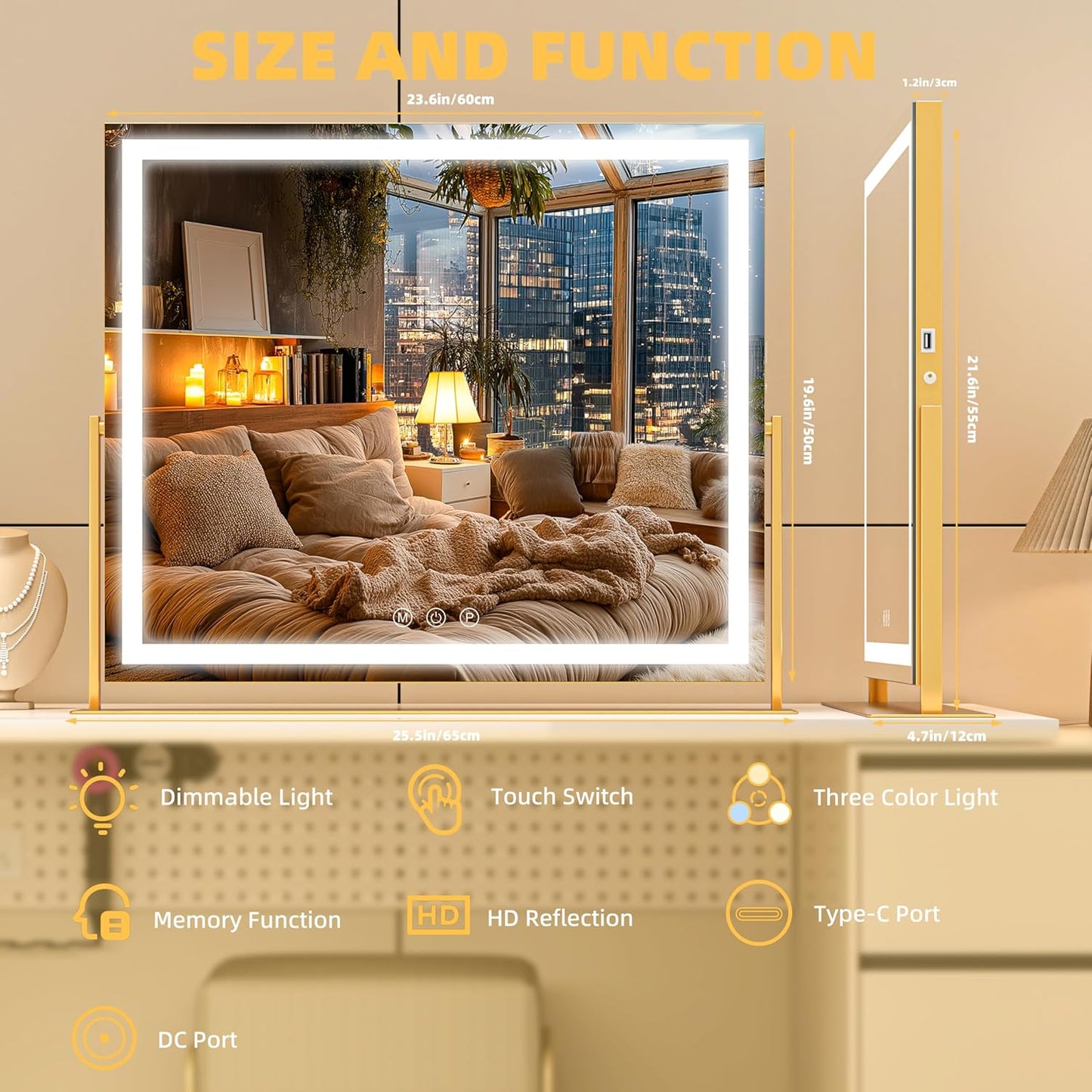 Vanity Mirror with Lights, 26'' x 22'' Lighted Makeup Mirror, Touch Screen with 3-Color Lighting, Dimmable for Vanity Desk Tabletop Square Gold