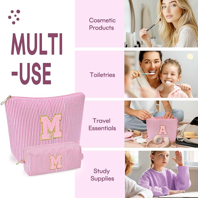 mibasies 2 PCS Initial Makeup Bags for Women: - Birthday Gifts for Teen Girls 11 12 13 14 15 16 Years Old - Preppy Trendy Stuff - Cosmetic Bag for Travel Toiletry - Pink M