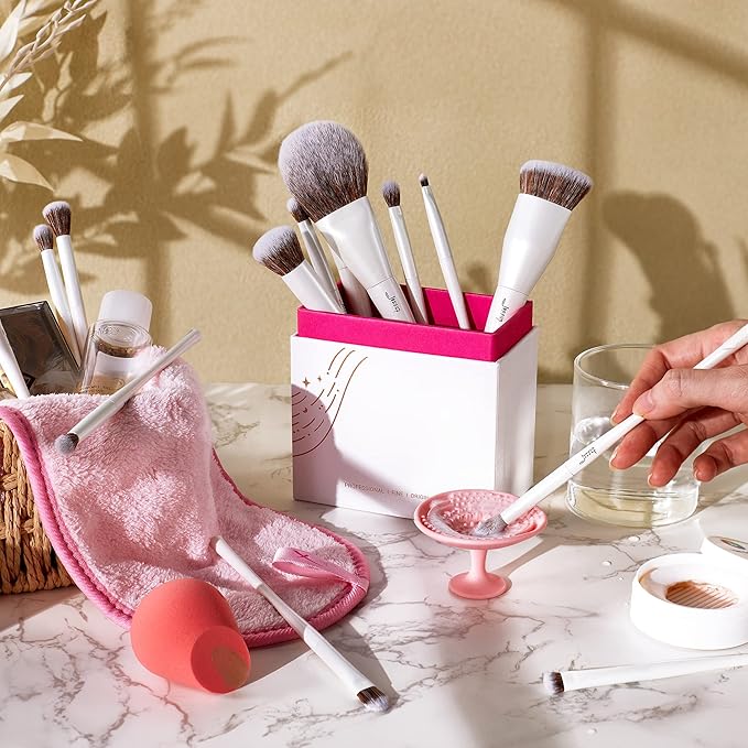 Jessup Makeup Brushes Set 14pcs Highend Makeup Gift Set for Women Include Foundation Concealer Blush Contour Powder Eye Shadow Brush, Makeup Sponge, Makeup Brush Cleaner and Towel, Pearl White T333