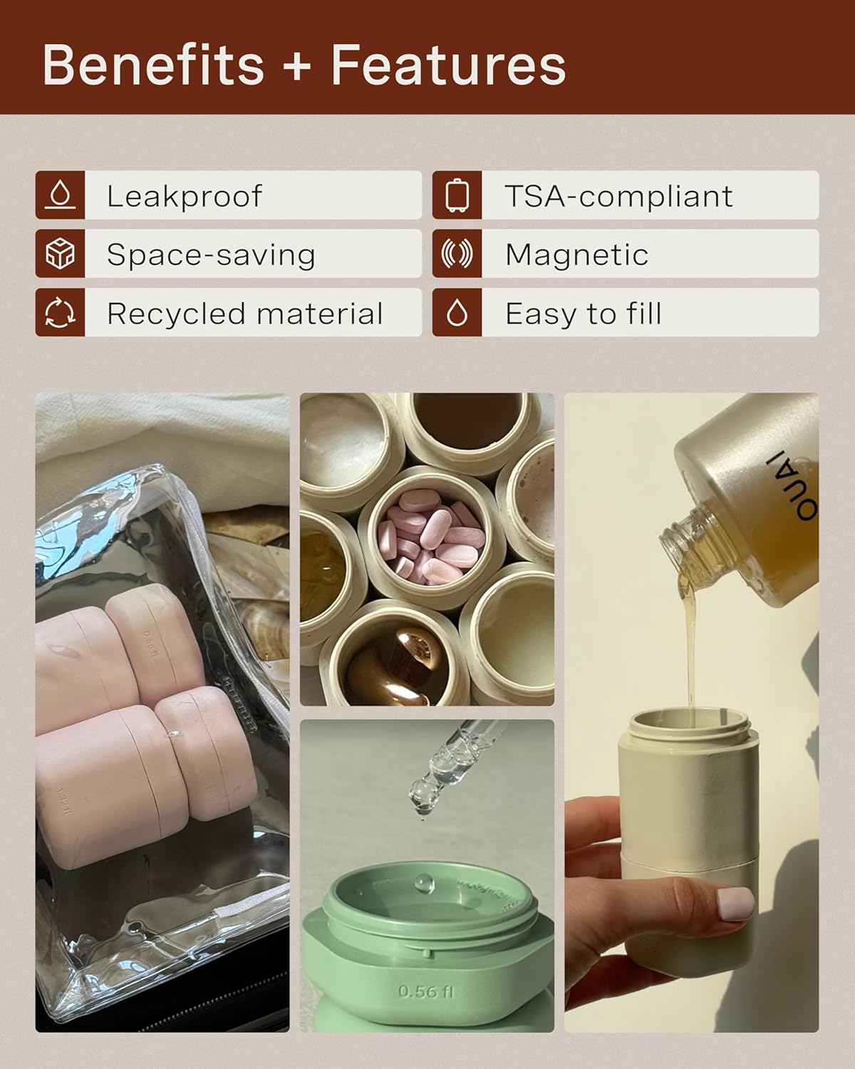 Cadence Travel Containers - Full Skincare Set - Magnetic Containers with Lids,Carry On Travel Essentials For Women/Men - 2 Small (0.56oz), 4 Medium Capsules (1.32oz), & Extender (1.43oz) - Evergreen