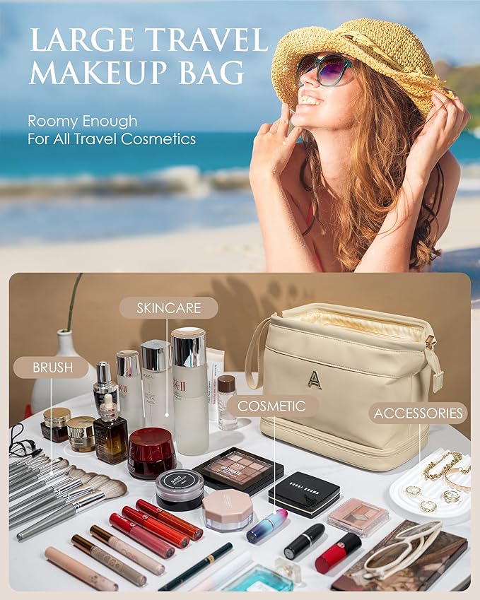 Gifts for Friends Female Mom, Initial Makeup Bag, Personalized Double Layer Cosmetic Bag with Makeup Brush Organizer, Waterproof, Large Capacity PU Leather Travel Toiletry Bag, Gift for Wife