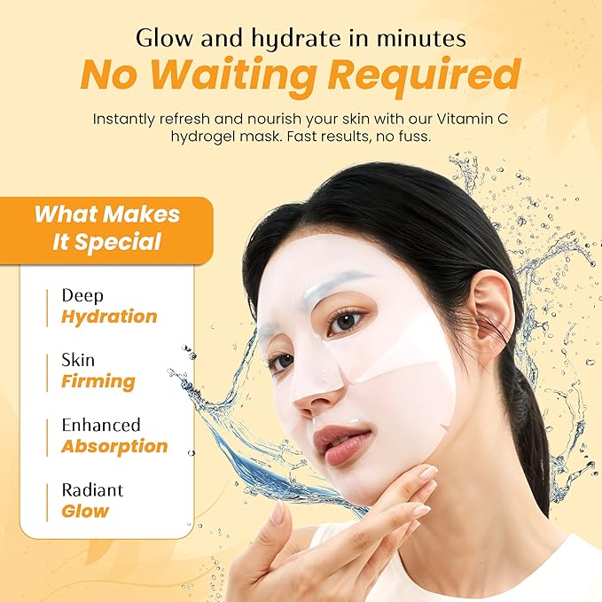 Vitamin C Face Mask – Overnight Hydrogel Care for Dark Spots, Fine Lines & Dry Skin – Dermatologist Tested, Anti-Aging, Korean Skin Care – Clean Beauty, Glass Skin Glow – Pack of 10