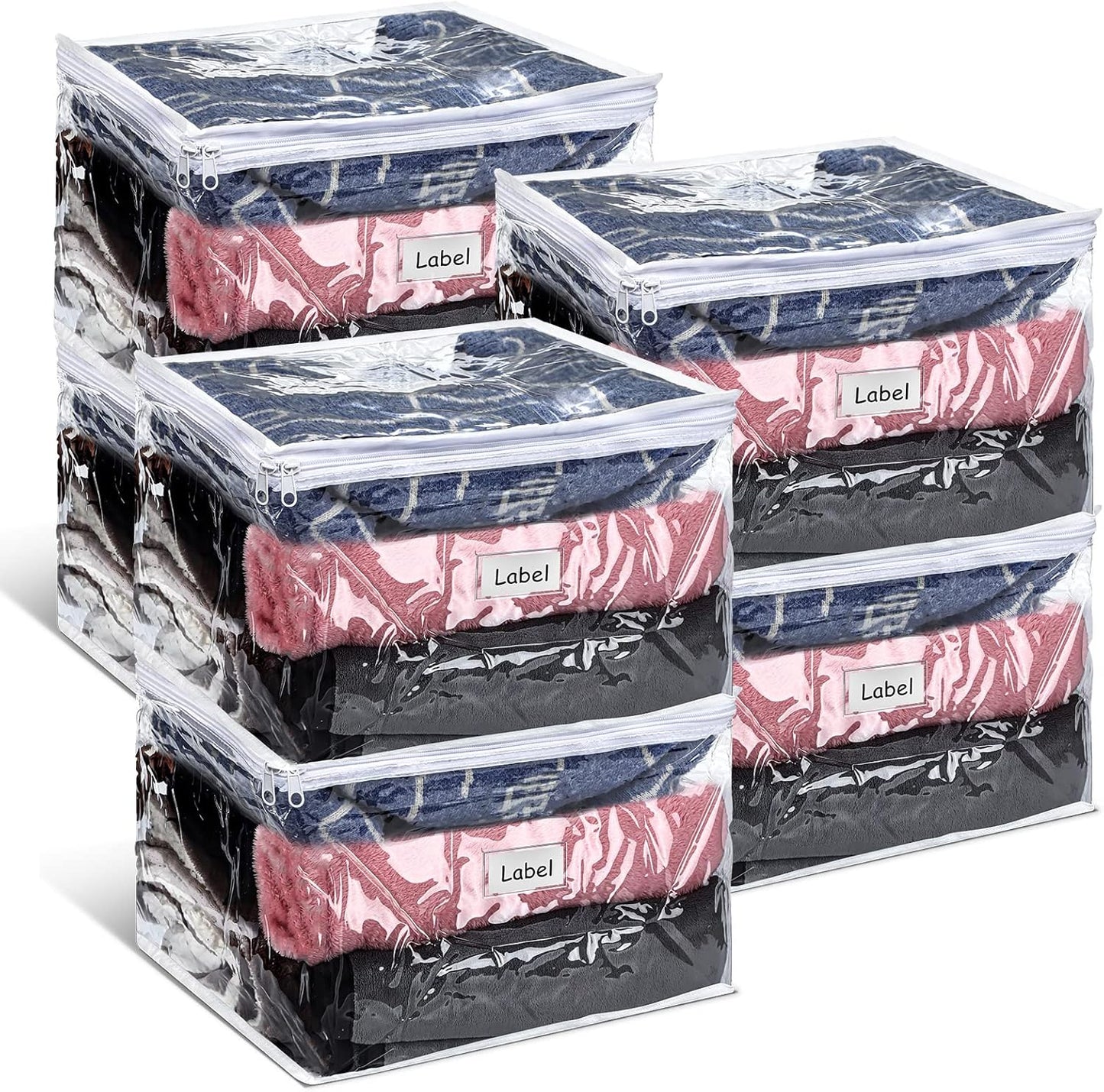 Hoolerry 6 Pieces Sweater Storage Bags Plastic Clear PVC Clothes Storage Bags with Zipper and Label for Blankets Clothes Closet Quilt Pillow Bed Sheet Organizer(12 x 12 x 12 Inch)