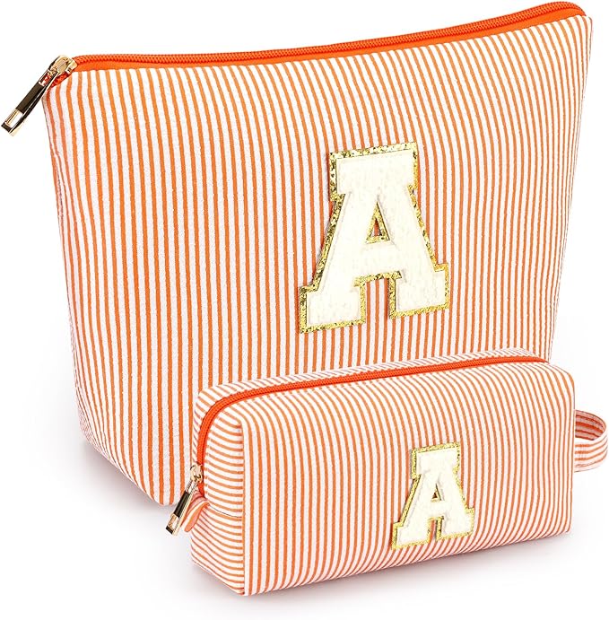 2 PCS Initial Makeup Bags for Women: Cosmetic Bag for Travel Toiletry - Birthday Gifts for 11 12 13 14 15 16 17 18 Years Old Girl Graduation Teacher Gift- Teen Girl Gifts Trendy Stuff - Orange A