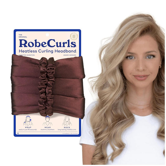 RobeCurls Heatless Hair Curler Set - Satin Curling Headband for Natural, No-Heat Curls - Sleep in Overnight Styling Tool with 2 Scrunchies - Easy & Gentle on Hair (Mocha)