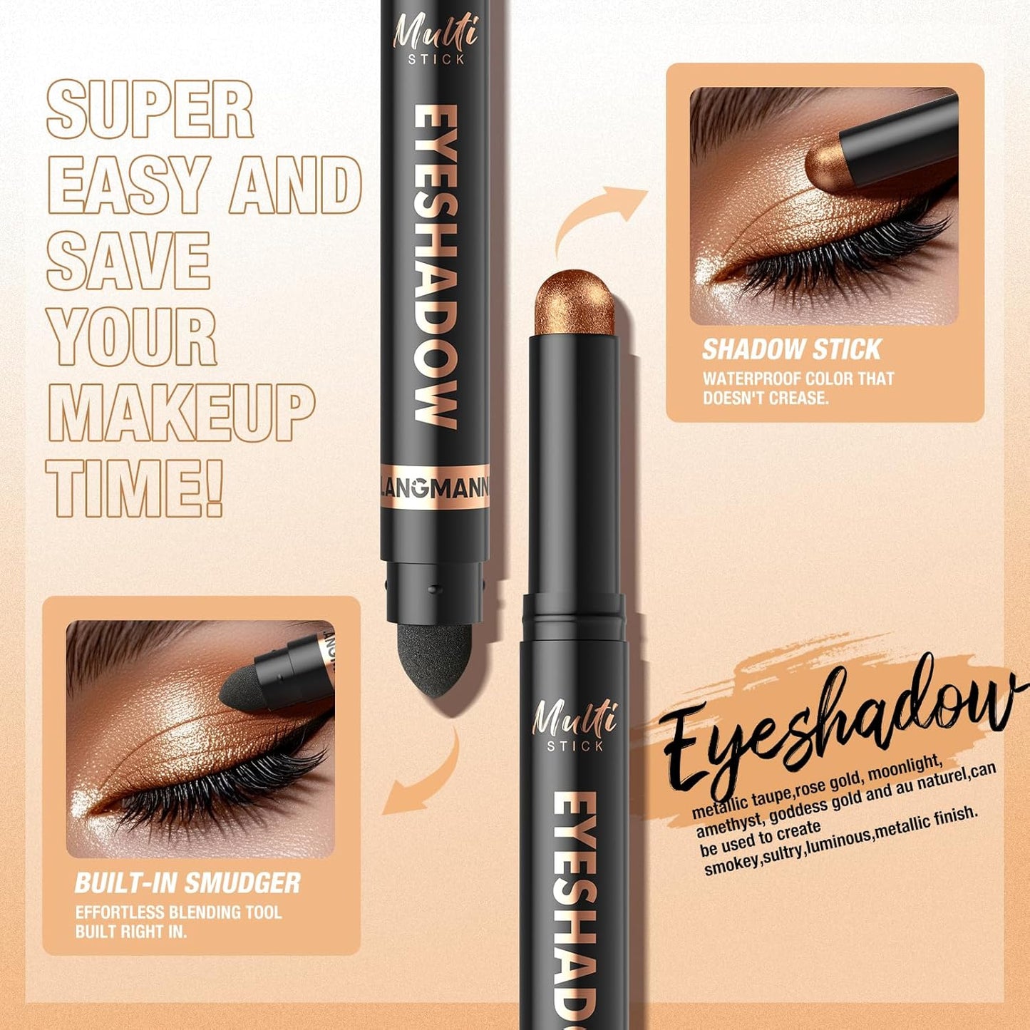 LANGMANNI 8Colors Dual-Ended Eyeshadow Stick Set – Silky Smooth, Waterproof & Transfer-Proof, Built-in Blender Brush, All-Day Matte & Shimmer Wear Eye Makeup(#B)