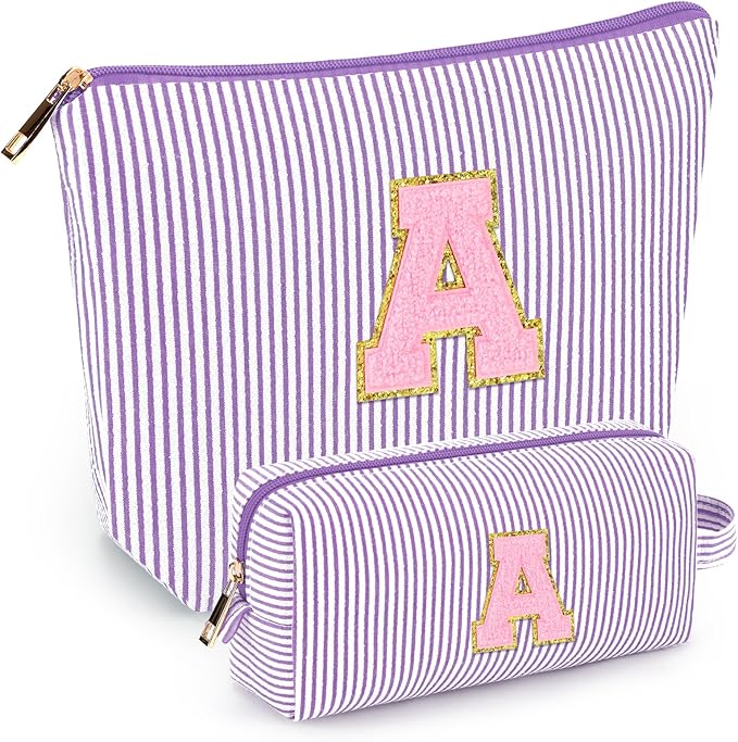 mibasies 2 PCS Initial Makeup Bags for Women: - Birthday Gifts for Teen Girls 11 12 13 14 15 16 Years Old - Preppy Trendy Stuff - Cosmetic Bag for Travel Toiletry - Purple A