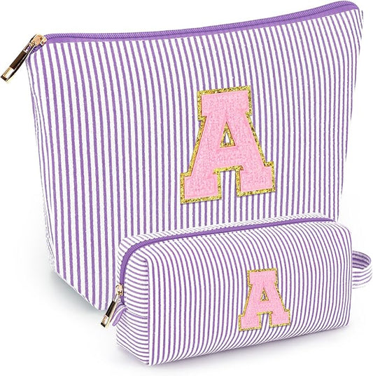 mibasies 2 PCS Initial Makeup Bags for Women: - Birthday Gifts for Teen Girls 11 12 13 14 15 16 Years Old - Preppy Trendy Stuff - Cosmetic Bag for Travel Toiletry - Purple A