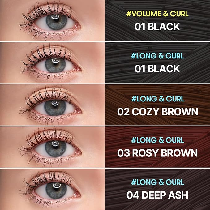 COSNORI Perfect Setting Waterproof Mascara Long&Curl 03 Rosy Brown – Long Lasting Smudge - Red Brown Mascara - Perfect for Auburn Hair & Hazel Eyes - K beauty - 0.23fl oz (7ml)