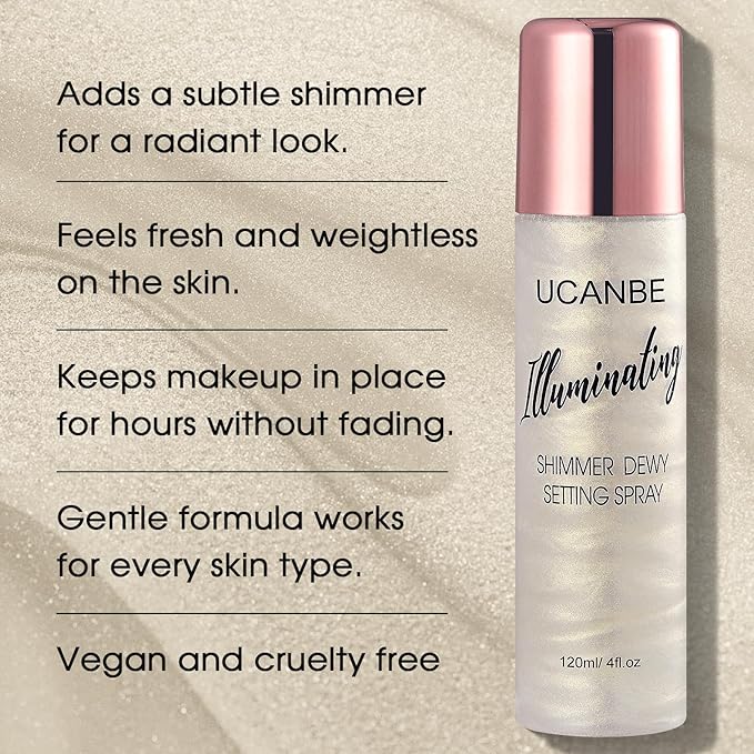 UCANBE Shimmer Dewy Setting Spray – Glowing + Makeup Setting Spray 2 in 1 Lightweight Formula for a Radiant Glow,Long-Lasting Face Mist for Face Body, 4 Fl Oz #Platinum