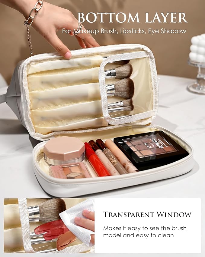 Women Presents, Personalized Makeup Bag, Monogrammed Gifts, Initial Double Layer Cosmetic Bag with Makeup Brush Organizer, Travel Toiletry Bag, Gifts for Friends Female Mom, Teen Girl Gifts