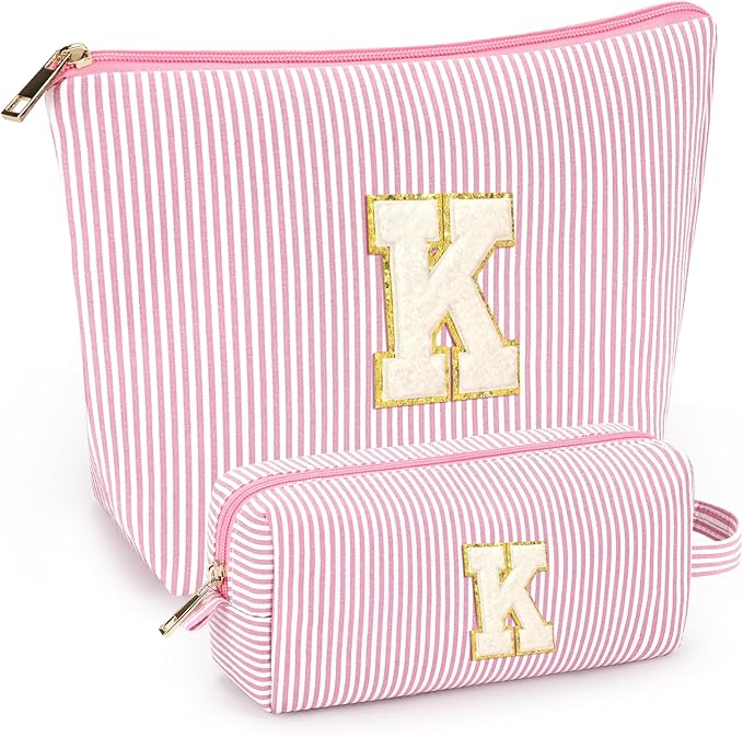 2 PCS Initial Makeup Bags for Women: Cosmetic Bag for Travel Toiletry - Birthday Gifts for 11 12 13 14 15 16 17 18 Years Old Girl Graduation Teacher Gift- Teen Girl Gifts Trendy Stuff - Light Pink K
