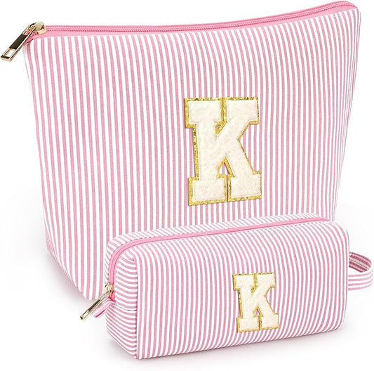 2 PCS Initial Makeup Bags for Women: Cosmetic Bag for Travel Toiletry - Birthday Gifts for 11 12 13 14 15 16 17 18 Years Old Girl Graduation Teacher Gift- Teen Girl Gifts Trendy Stuff - Light Pink K