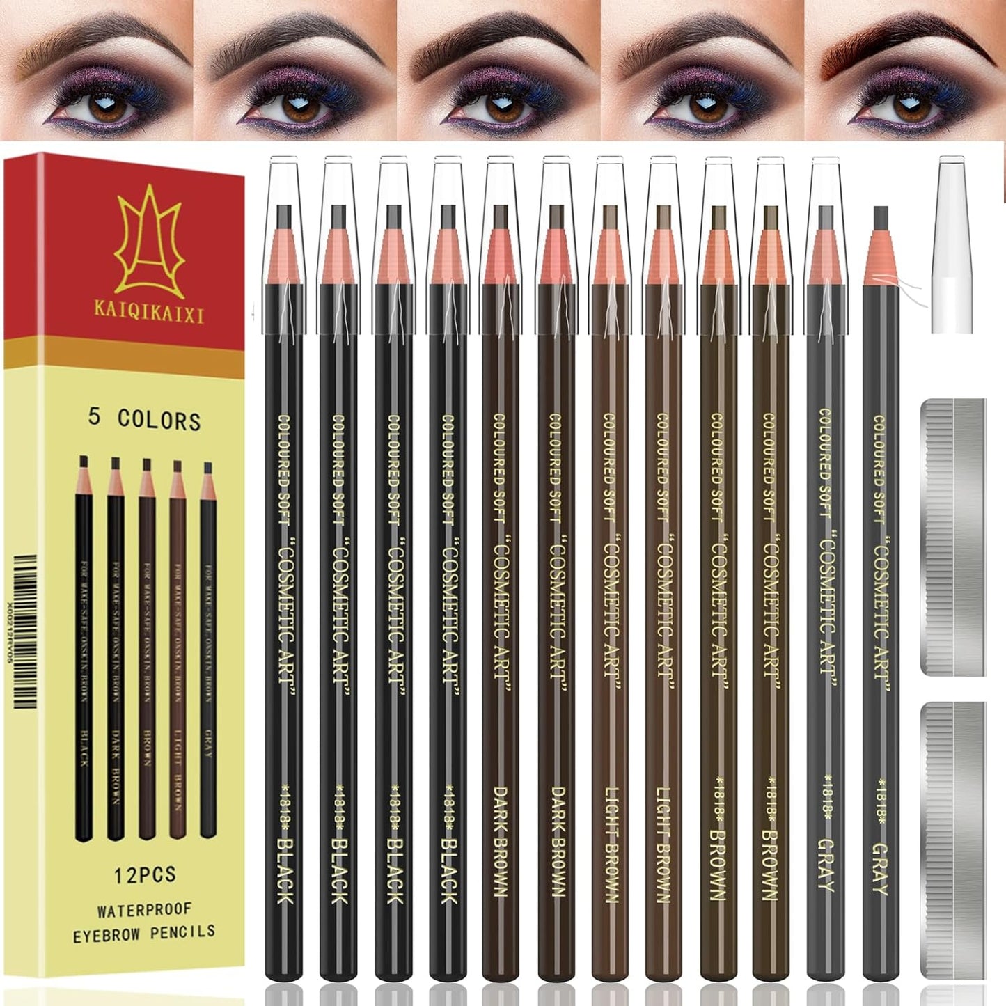 Eyebrow Pencils Brow Pencil Set For Marking, Filling And Outlining, Tattoo Makeup And Microblading Supplies Kit-Permanent Eye Brow Liners In, 12Pcs 5Colors(4Black6Brown2Gray）(Multicolor)