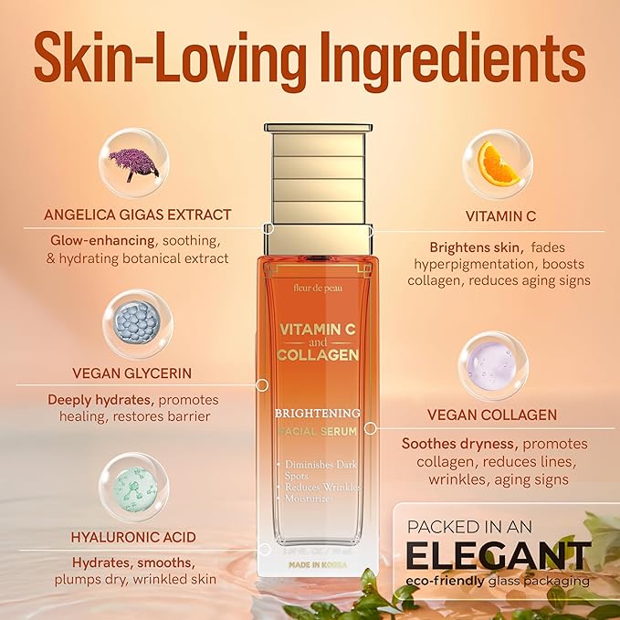Fleur De Peau Vitamin C Serum For Face With Collagen – Dermatologist Tested, Anti-Aging, Even Skin Tone, Reduces Fine Lines, Improves Radiance & Texture – 95% Natural, Clean Beauty – Korean Skin Care