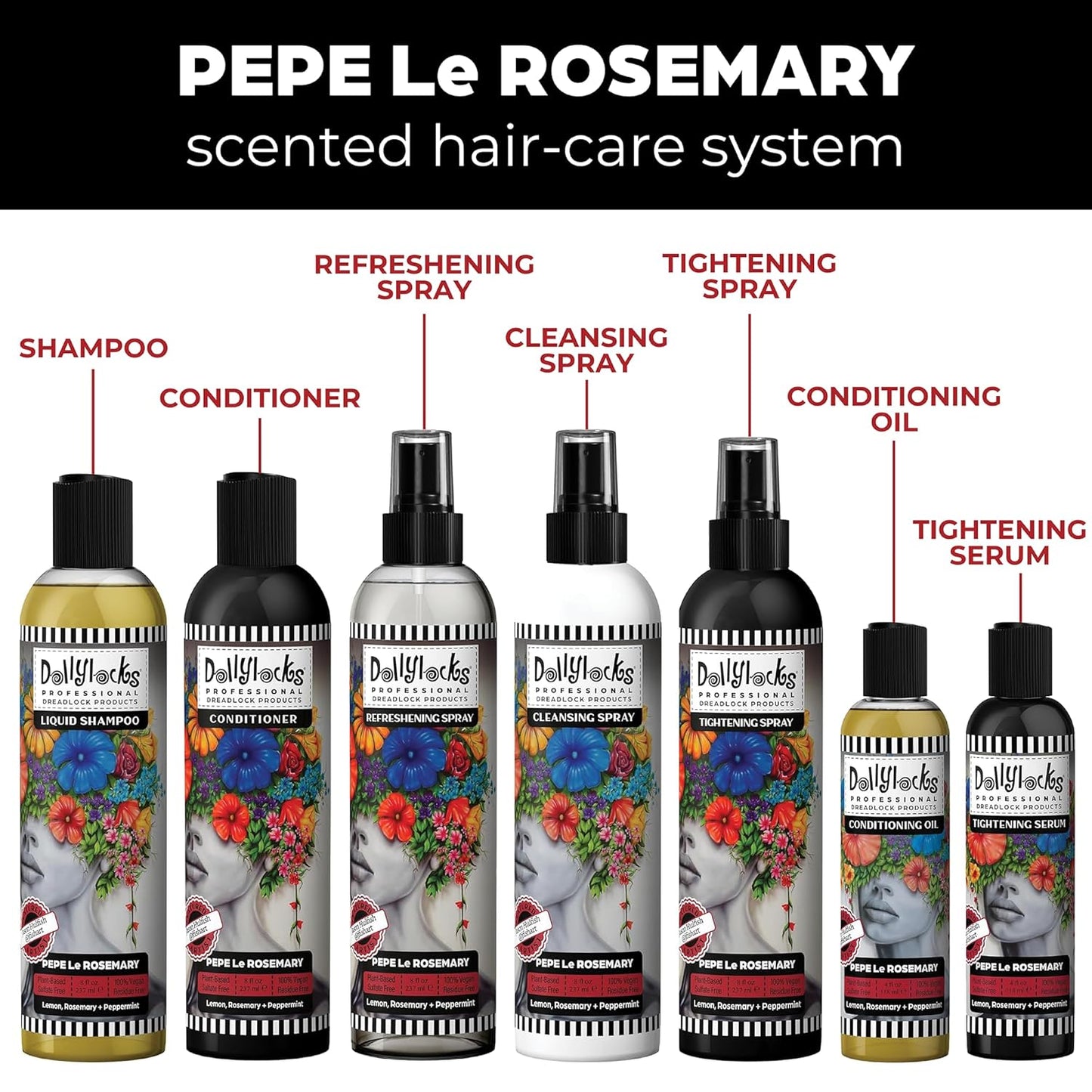 Dollylocks Dreadlock Refreshening Spray for Locs - Pepe Le Rosemary, Peppermint Lemon and Rosemary Scent - Residue-free and Sulfate-free Loc and Scalp Refreshing Spray for Dreadlocks, 8oz
