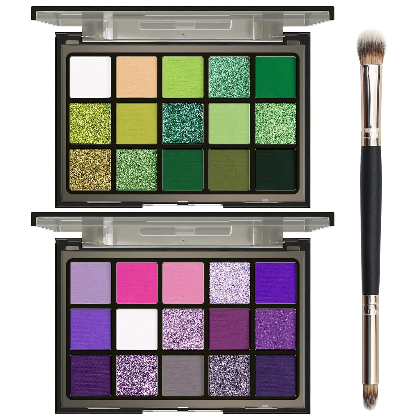 UCANBE 2pcs Eyeshadow Palette Makeup Set, Green Purple Color Shimmer Matte Metallic Eye Shadow Pallet with Soft Brush Eye Make Up Kit for Halloween Cosplay Costume Beetlejuice Medusa Poison Ivy Ursula