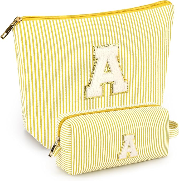 2 PCS Initial Makeup Bags for Women: Cosmetic Bag for Travel Toiletry - Birthday Gifts for 11 12 13 14 15 16 17 18 Years Old Girl Graduation Teacher Gift- Teen Girl Gifts Trendy Stuff - Yellow A