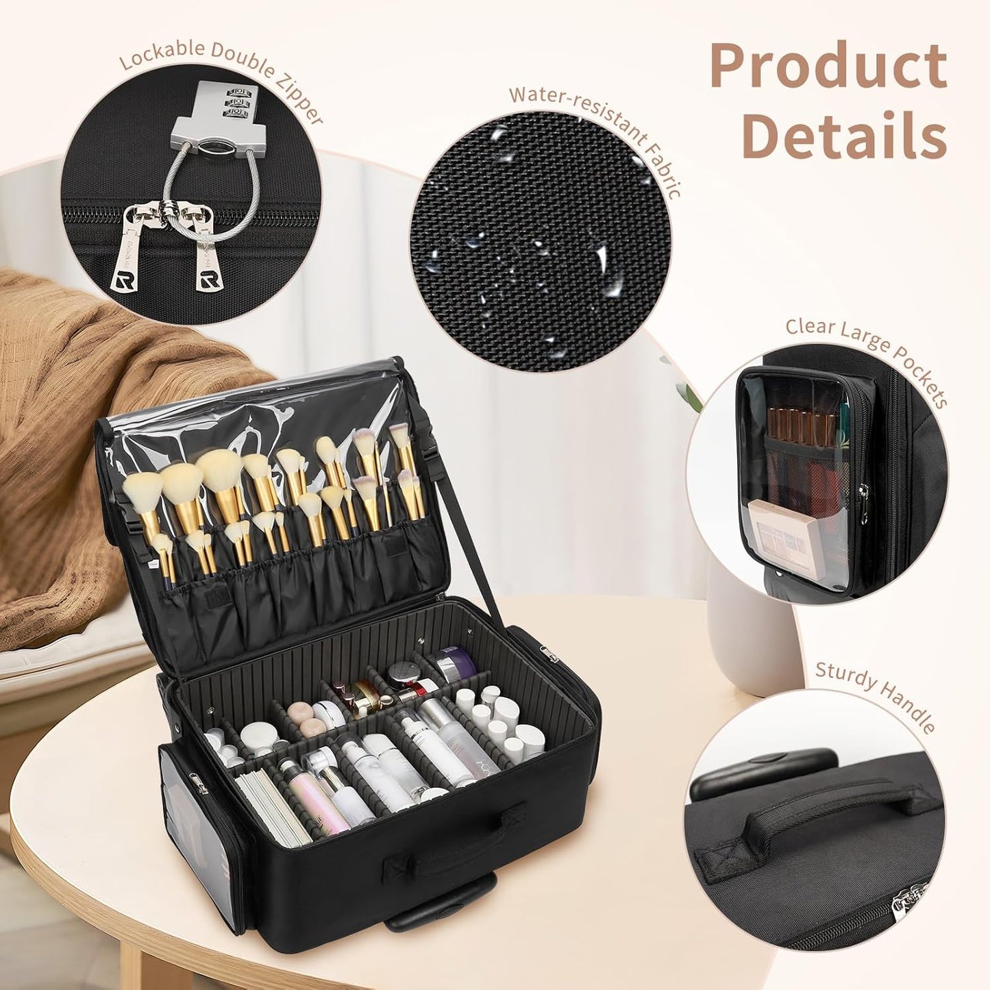 Large Rolling Makeup Case，Professional Makeup Artist Bag with 4 Small Bag Makeup Case, Adjustable Dividers, Portable Travel Supply Station for Cosmetics Storage Organizer Trolley Suitcase Makeup Cart