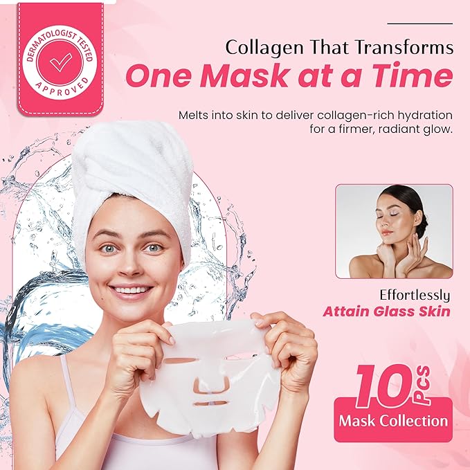 Hydrogel Collagen Face Mask – Overnight Hydrating & Firming Treatment for Dry or Mature Skin – Dermatologist Tested, Anti Aging Korean Skin Care, Vegan, Clean Beauty – Pack of 10