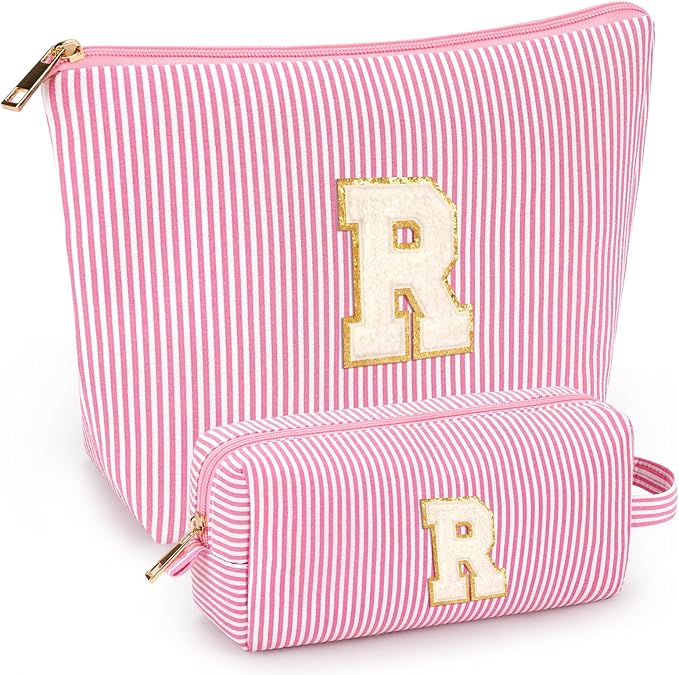 2 PCS Initial Makeup Bags for Women: Cosmetic Bag for Travel Toiletry - Birthday Gifts for 11 12 13 14 15 16 17 18 Years Old Girl Graduation Teacher Gift- Teen Girl Gifts Trendy Stuff - Pink R