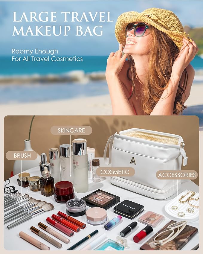 Wedding Gifts, Initial Makeup Bag, Daughter Gifts, Personalized Double Layer Cosmetic Bag with Makeup Brush Organizer, Large Capacity PU Leather Travel Toiletry Bag Cute Things for Girls