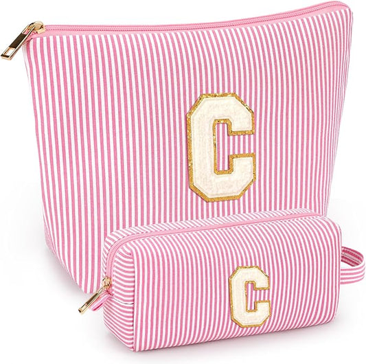 2 PCS Initial Makeup Bags for Women: Cosmetic Bag for Travel Toiletry - Birthday Gifts for 11 12 13 14 15 16 17 18 Years Old Girl Graduation Teacher Gift- Teen Girl Gifts Trendy Stuff - Pink C