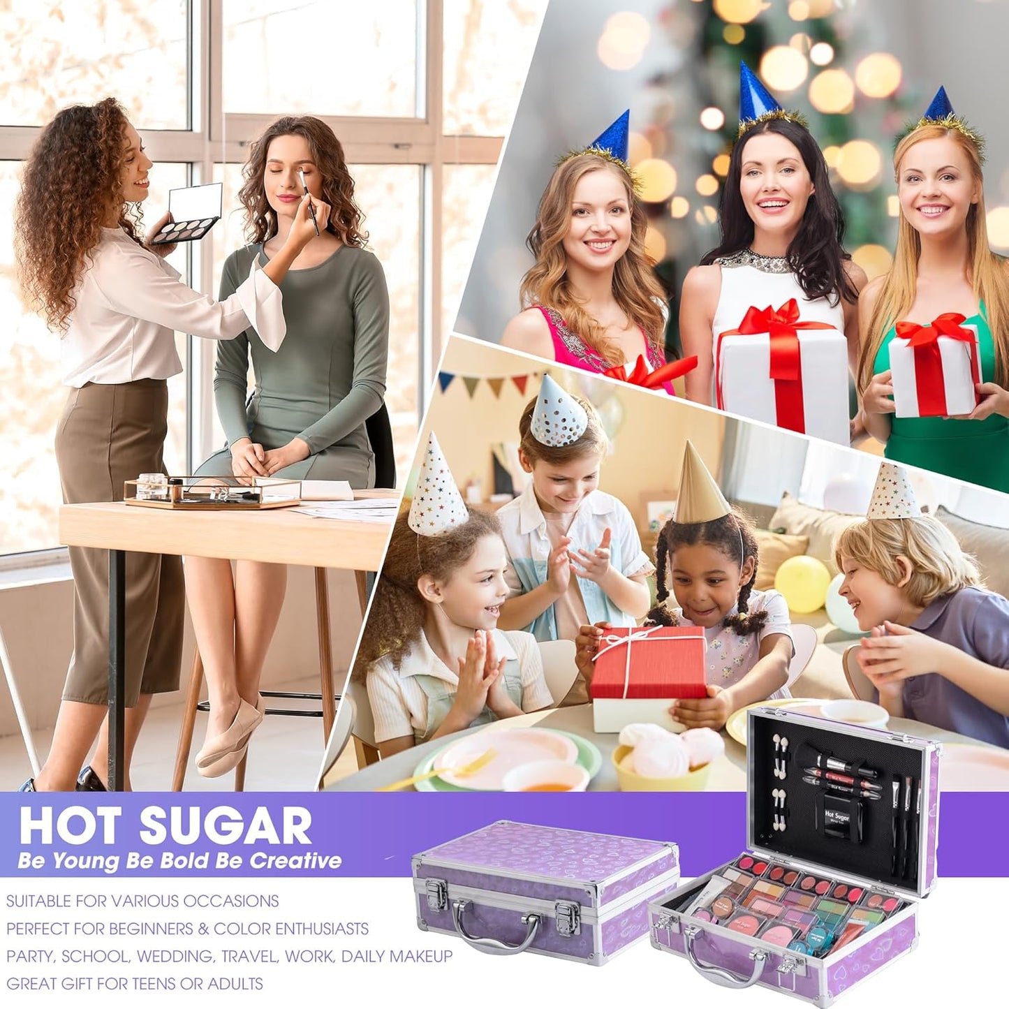 Hot Sugar Makeup Kit for Teenager Girls - Full Starter Cosmetics Set with Eye Shadow Lip Balm Blush Lip Gloss Brush Lip Pencil Eye Pencil and Mirror (Purple Love)