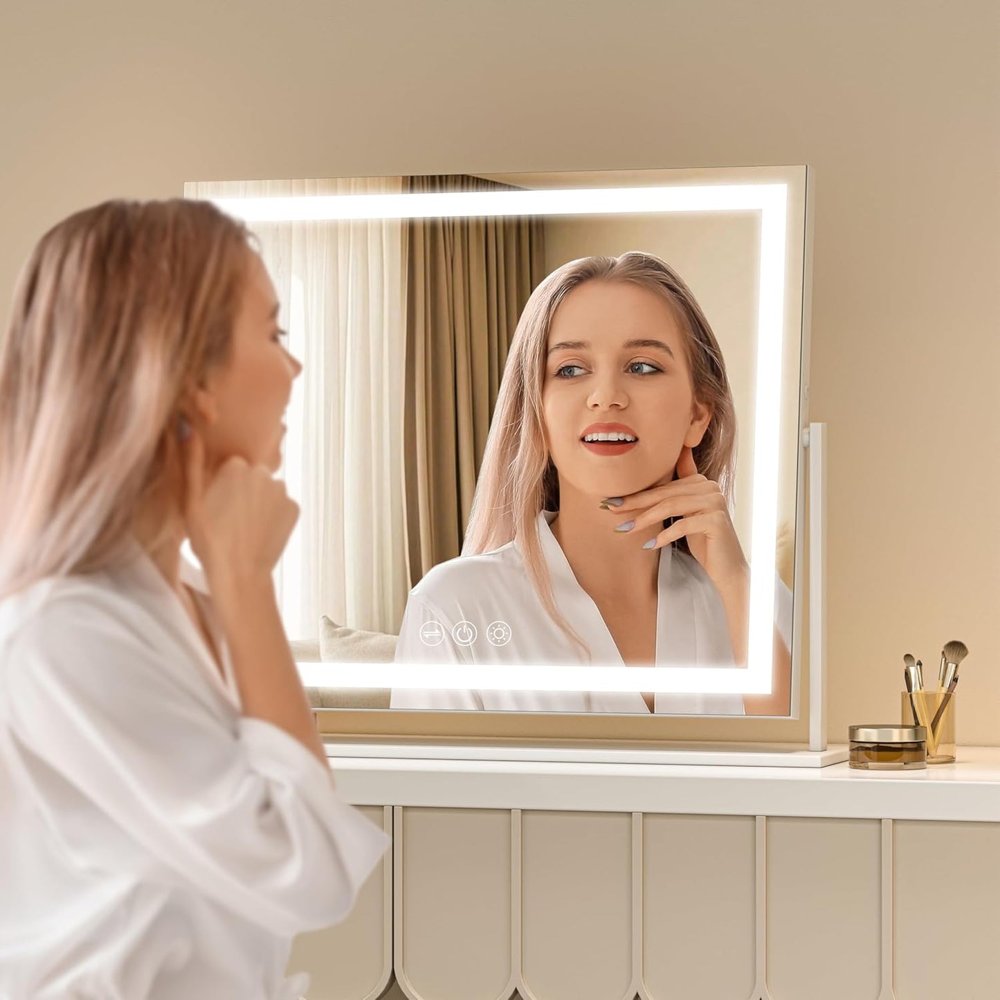 Vanity Mirror with Lights, 24'' x 20'' Lighted Makeup Mirror, Touch Screen with 3-Color Lighting, Dimmable for Vanity Desk Tabletop Square White