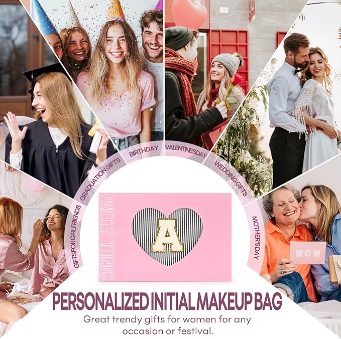 2 PCS Initial Makeup Bags for Women: Cosmetic Bag for Travel Toiletry - Birthday Gifts for 11 12 13 14 15 16 17 18 Years Old Girl Graduation Teacher Gift- Teen Girl Gifts Trendy Stuff - Black S