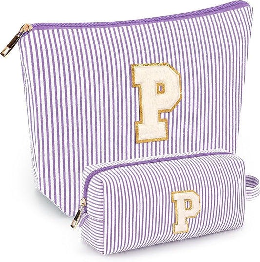2 PCS Initial Makeup Bags for Women: Cosmetic Bag for Travel Toiletry - Birthday Gifts for 11 12 13 14 15 16 17 18 Years Old Girl Graduation Teacher Gift- Teen Girl Gifts Trendy Stuff - Purple P