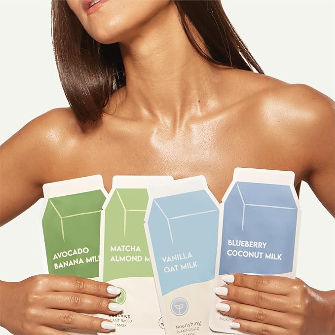 ESW Beauty Plant-Based Milk Face Masks - 8-Pack Skincare Set - Hydrating, Radiance, Firming & Soothing with Avocado, Matcha, Blueberry, Vanilla & Oat Extracts for All Skin Types