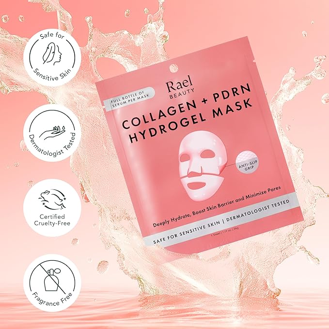 Rael Collagen PDRN Hydrogel Face Masks – Deep Hydration with Salmon PDRN, Collagen, Peptide, and Hyaluronic Acid, Anti-Slip, Korean Skin Care (4 Count)