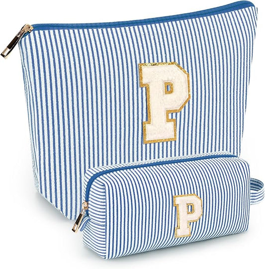 2 PCS Initial Makeup Bags for Women: Cosmetic Bag for Travel Toiletry - Birthday Gifts for 11 12 13 14 15 16 17 18 Years Old Girl Graduation Teacher Gift- Teen Girl Gifts Trendy Stuff - Blue P