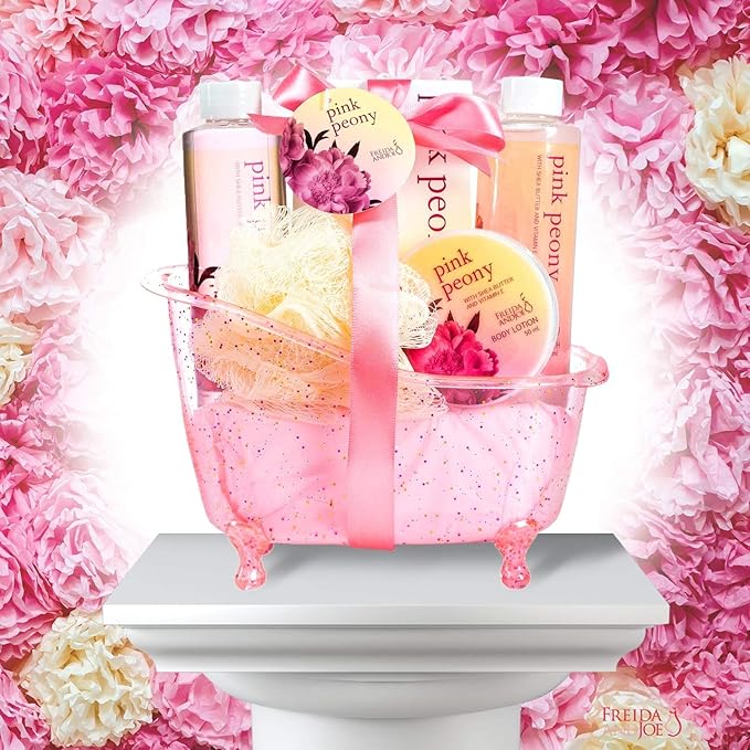Home Spa Gift Basket Peony Spa Set For Women, Contains Shower Gel, Bubble Bath, Body Lotion, Peony Bath Salt & Puff in a Pink Feminine Tub