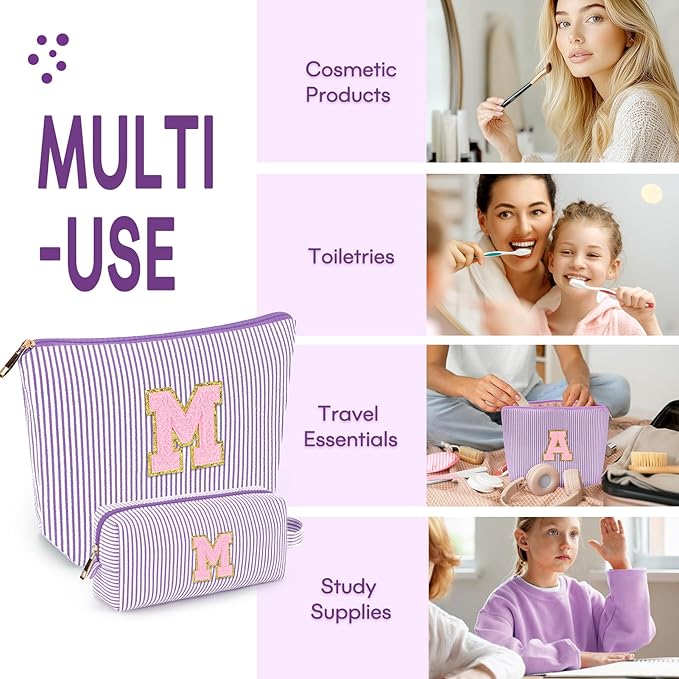 mibasies 2 PCS Initial Makeup Bags for Women: - Birthday Gifts for Teen Girls 11 12 13 14 15 16 Years Old - Preppy Trendy Stuff - Cosmetic Bag for Travel Toiletry - Purple M