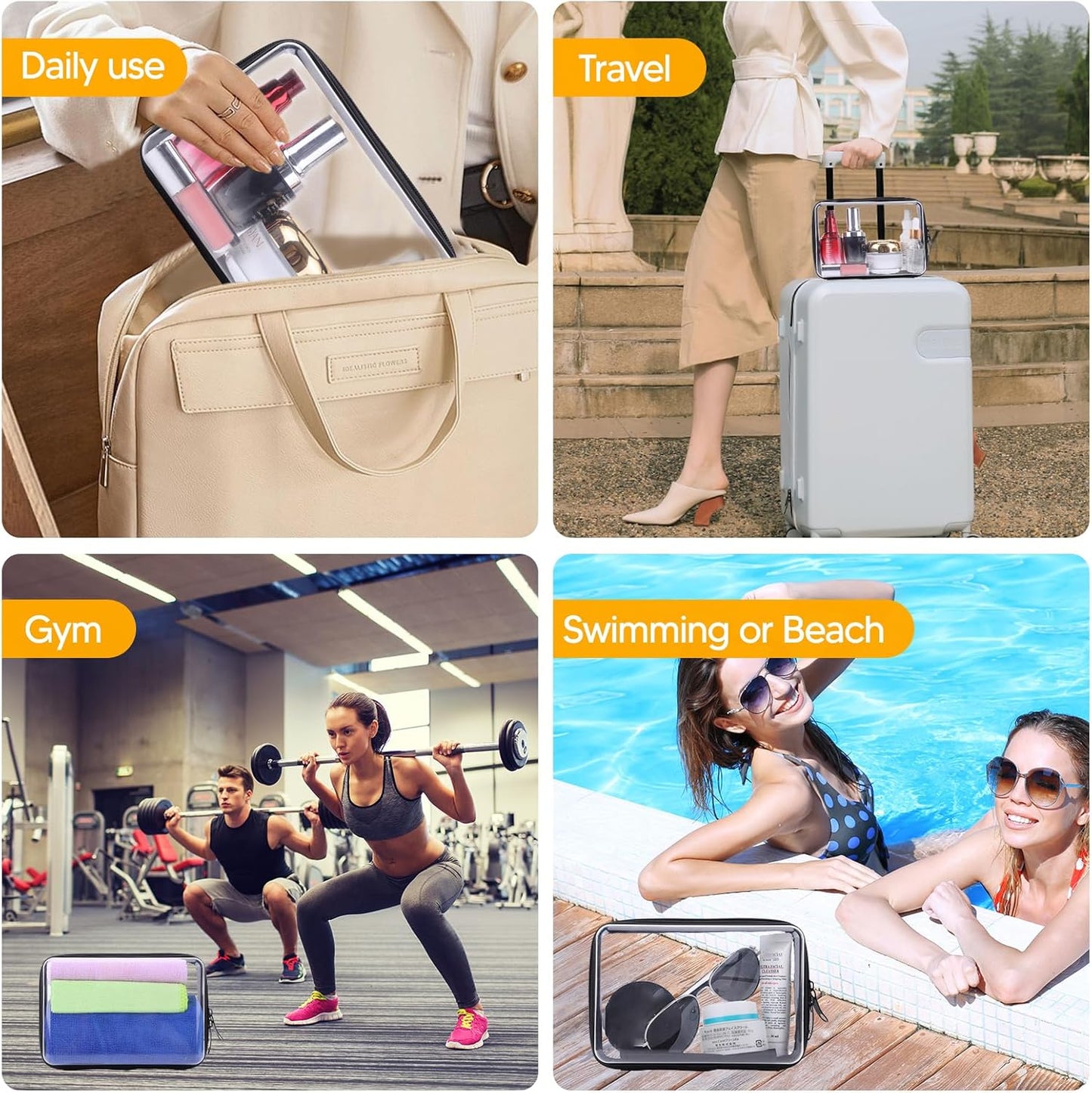 3Pcs Clear Zipper Pouch, PVC Plastic Cosmetic Travel Bag, Portable Travel Organizer Bins, Durable Makeup Bags for Storage, Pencil Case(Black-13.8+9.9+7.5inch)