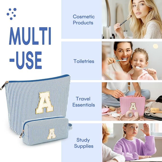 mibasies 2 PCS Initial Makeup Bags: Mothers Day Gifts for Women - Best Friend Birthday Gifts Graduation Gifts Wedding Bridesmaid Girlfriend Wife Daughter Sister Girl Gifts - Blue M